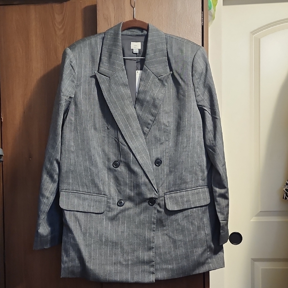 Women's Double Breasted Blazer - A New Day NWT LARGE Gray Pin Strip Jacket!